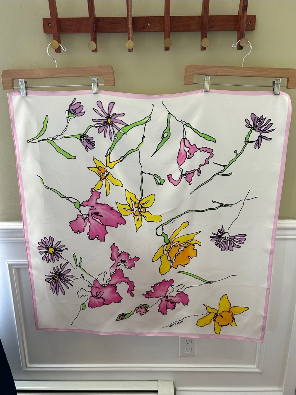 NWOT Floral Silk Scarf with Pink Border